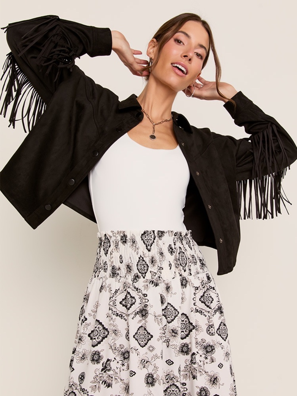 Black Fringe Suede-Style Jacket